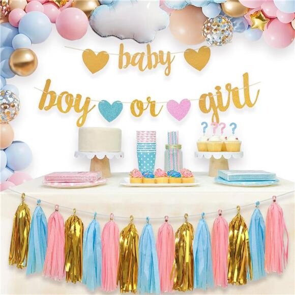 Baby Gender Reveal Decorations - Glitter Letters Baby & Boy or Girl with Banners - Picture 5 of 7